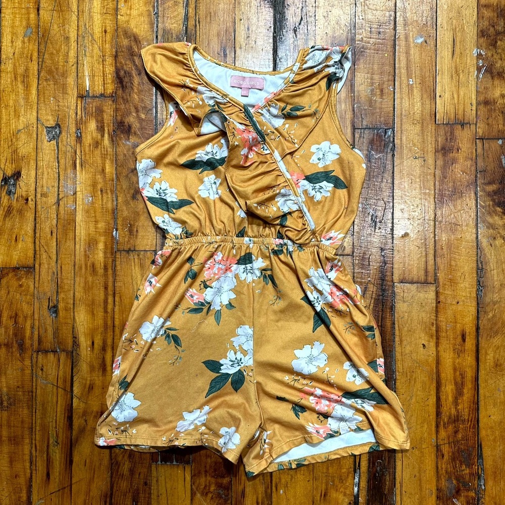 BCBGmaxazria Romper Girls Size 8 Yellow Floral Ruffle Sleeveless Cottage Core